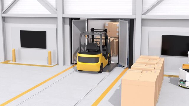 Electric forklift loading goods to truck. Interior view in modern distribution center. 3D rendering animation.