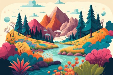 Flat image of a cartoon landscape of a colorful natural setting, complete with mountains, rivers, and unusual flora. Generative AI