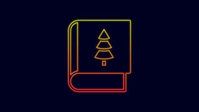Glowing neon line Christmas book cover or flyer template icon isolated on blue background. Merry Christmas and Happy New Year. 4K Video motion graphic animation