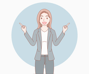smiling long hair woman wearing suit pointing her finger to the left and right. girl looked excited and surprised. hand drawn with thin lines style.