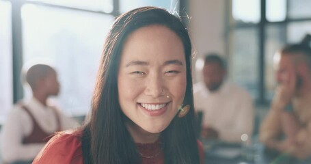 Face, team work or Japanese woman in a meeting planning a advertising strategy for sales growth for a startup. Portrait, happy or employee with pride, marketing experience or our vision for success