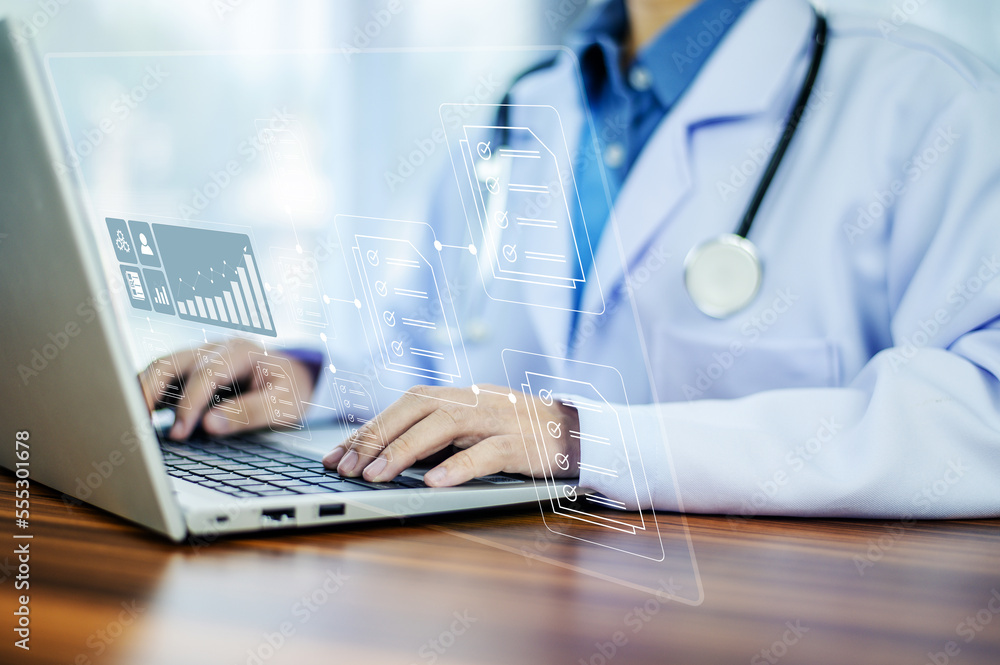Poster documents concept, doctor use computer connection server data base patient for technology treatment 