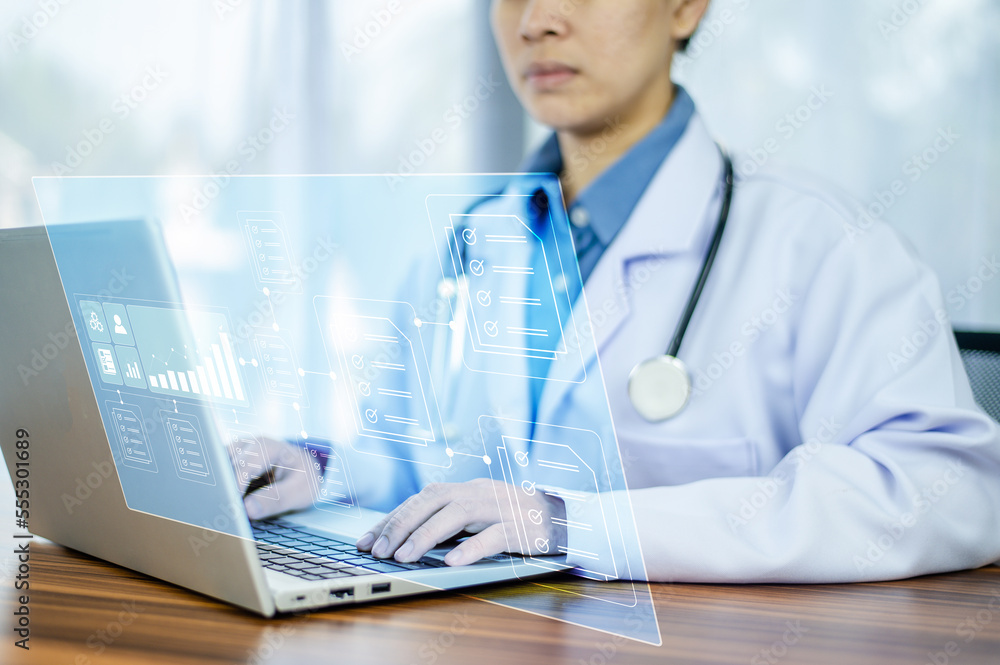 Poster documents concept, doctor use computer connection server data base patient for technology treatment 