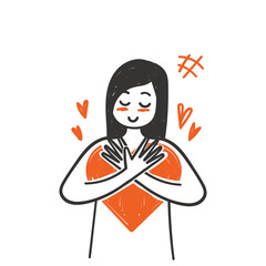 hand drawn doodle a happy and blushing woman hugging love illustration