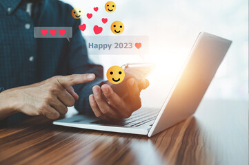People using mobile smartphone sent message happy 2023 for happy new year concept