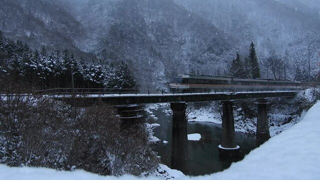 雪の高山本線を走るキハ85系特急ワイドビューひだ
