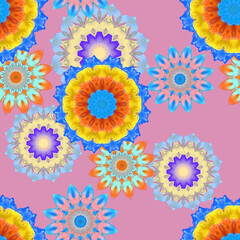 Fototapeta na wymiar Seamless pattern for continuous replicate. Floral background, photo collage for production of textile, cotton fabric. For use in wallpaper, covers. Mandala drawing in oriental style.