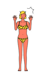 驚いて手を上げるトラ柄ビキニ姿の赤鬼の女性、伝統行事、節分