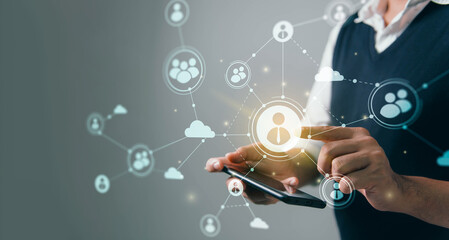 Human resource manager using smartphone choose perfect employee and good worker for his business on global network. HR(human resources) technology concept.