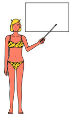 ホワイトボードを指示棒で指すトラ柄ビキニ姿の赤鬼の女性、伝統行事、節分