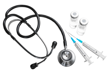 The vaccine in a glass tube with a syringe with a stethoscope
