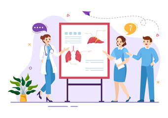 Obraz na płótnie Canvas Medical School with Students Listening to Doctor Lecture and Learning Science in Classroom in Flat Cartoon Hand Drawn Template Illustration