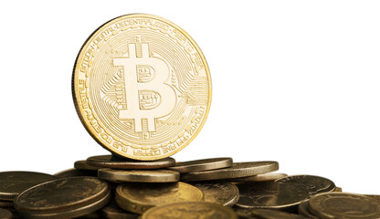 Golden bitcoin and a pile of coins, money concept