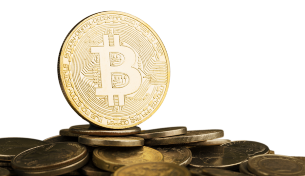 Golden bitcoin and a pile of coins, money concept