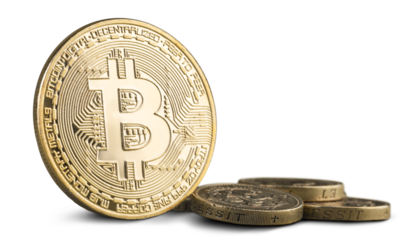 Golden bitcoin and a pile of coins, money concept