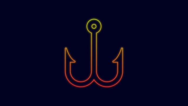 Glowing neon line Fishing hook icon isolated on blue background. Fishing tackle. 4K Video motion graphic animation