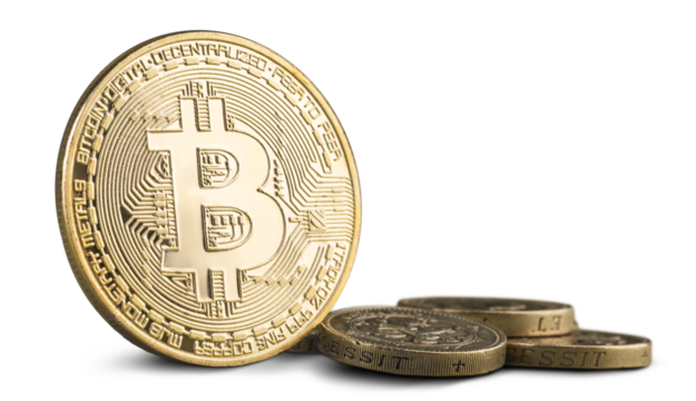 Golden bitcoin and a pile of coins, money concept