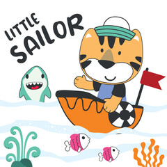 Cute tiger sailor on the boat. Can be used for t-shirt print, kids wear fashion design, baby shower invitation card. fabric, textile, nursery wallpaper, poster.