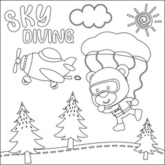 Vector cartoon illustration of skydiving with litlle bear with cartoon style Childish design for kids activity colouring book or page.