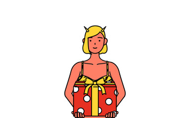 プレゼントの箱を持つトラ柄ビキニ姿の赤鬼の女性、伝統行事、節分