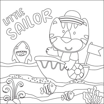 Funny tiger cartoon vector on little boat with cartoon style, Trendy children graphic with Line Art Design Hand Drawing Sketch For Adult And Kids Coloring book or page