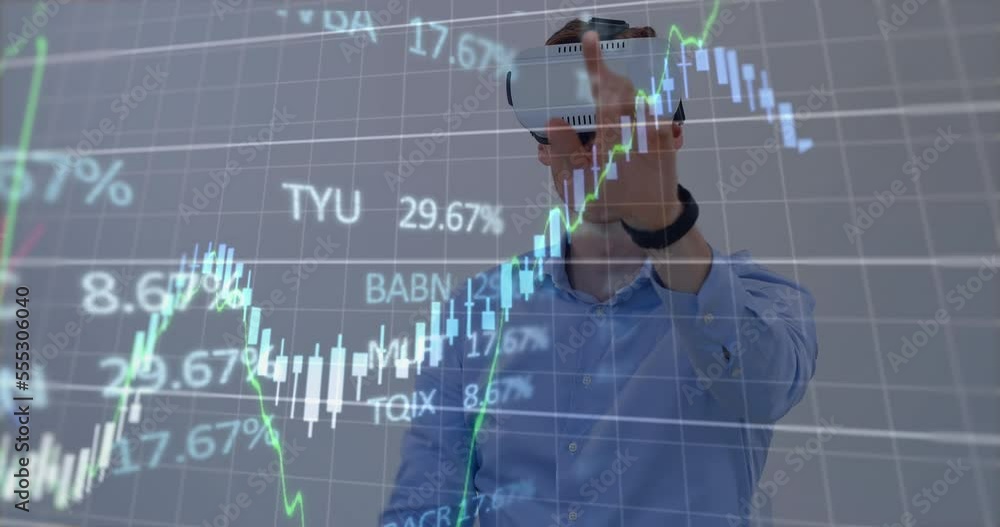Poster a man is using a virtual reality headset while a display of stock market information is in the backg