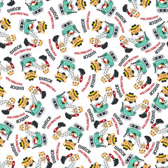 Seamless pattern of Cute little tiger on excavator. Can be used for t-shirt print, kids wear fashion design, print for t-shirts, baby clothes, poster. and other decoration.