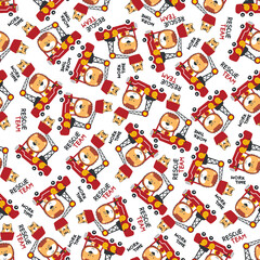 Seamless pattern of fire fighter car with lion fire fighter animal cartoon. Creative vector childish background for fabric, textile, nursery wallpaper, card, poster and other decoration.