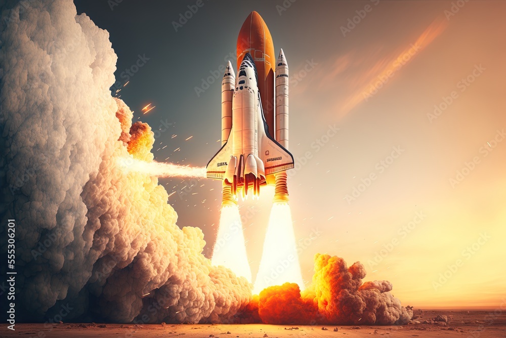 Poster example of a new business venture. example of a space rocket takeoff, technological advancement, and