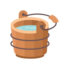 Wooden bucket. Vector wooden bucket with rope and handle. Icon in flat design, isolated on white background