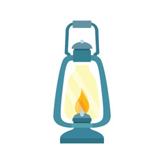 Vintage camping lantern isolated on white background. Retro gas lamp with glowing fire wick. Vector illustration in flat style