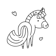 Cute isolated unicorn in black outline on white background for design. Animal horse, pony, character for posters, postcards. Vector illustration.