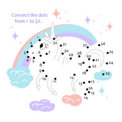 Connect the dots from 1 to 32. An educational puzzle. Cute unicorn and rainbow for children. Animal horse, pony, cartoon style character. Vector illustration.