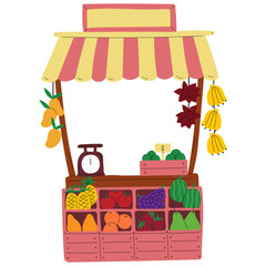 Fruit shop stall vector illustration in flat color design