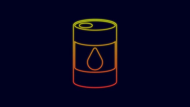 Glowing neon line Barrel oil icon isolated on blue background. 4K Video motion graphic animation