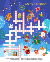 Christmas crossword puzzle. Game for children. Set of winter holiday objects. Printable worksheet for kids. Vector illustration.