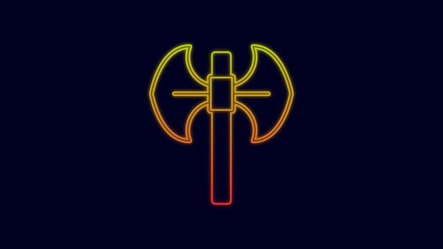 Glowing neon line Medieval poleaxe icon isolated on blue background. 4K Video motion graphic animation
