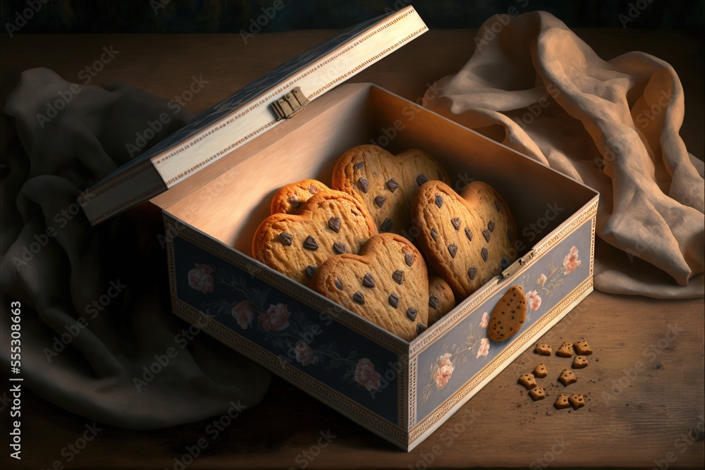 Poster a box of cookies with a book and a cloth on the table behind it and a cloth draped over it. generati