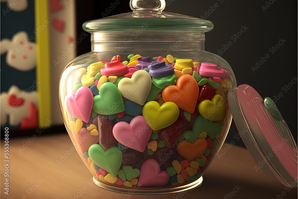 Poster a jar filled with lots of colorful hearts on a table next to a box of cookies and a cookie cutter. g