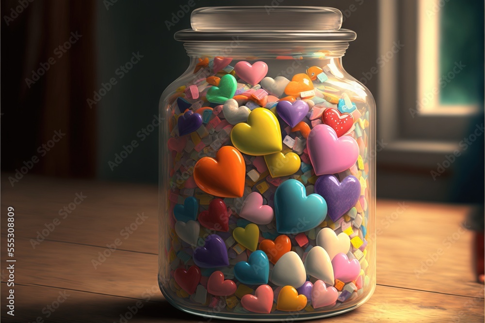Poster a jar filled with lots of colorful hearts on a table next to a window with curtains in the backgroun