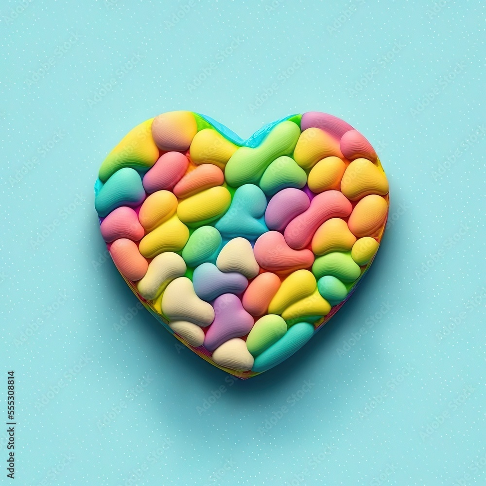 Poster a heart shaped cake with colorful hearts on it's side on a blue background with a polka dot pattern.