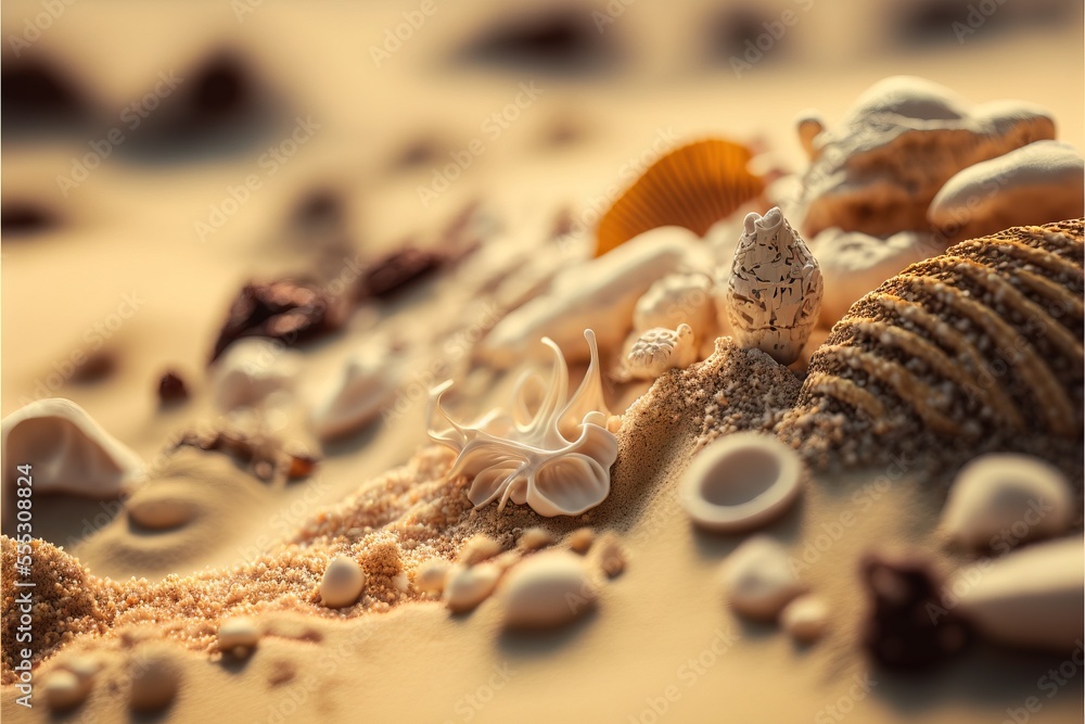 Poster a close up of shells and sand on a beach with a starfish on it's side and a shell on the sand. gener