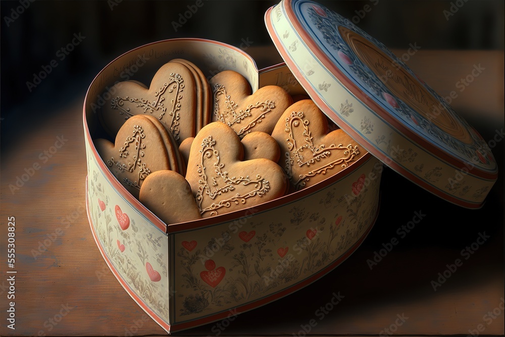 Poster a heart shaped box of cookies on a table top with a lid open to show the inside of the box. generati