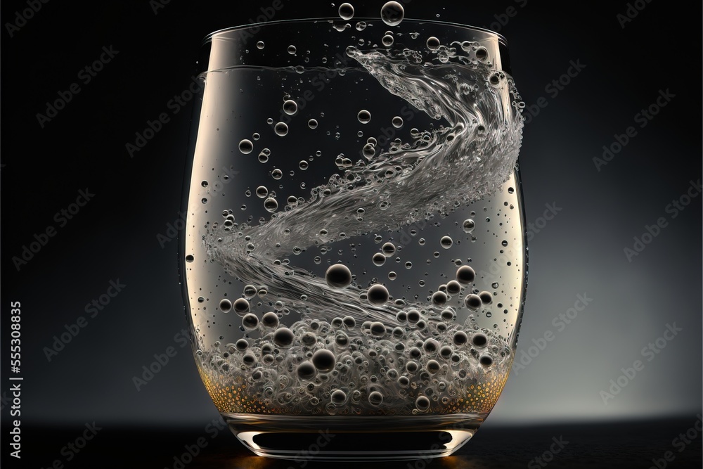 Poster a glass of water with bubbles and bubbles in it on a table top with a black background and a black b