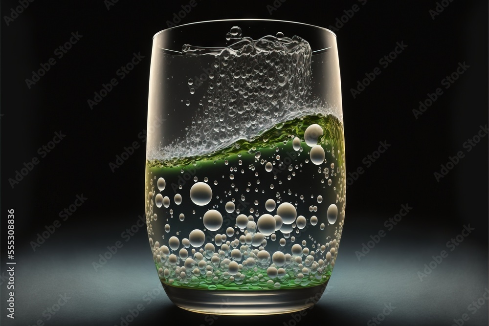Poster a glass filled with water and bubbles on a black background with a black background behind it and a 