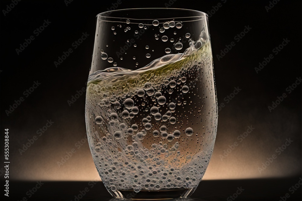 Poster a glass of water with bubbles on a black background with a light behind it and a black background wi