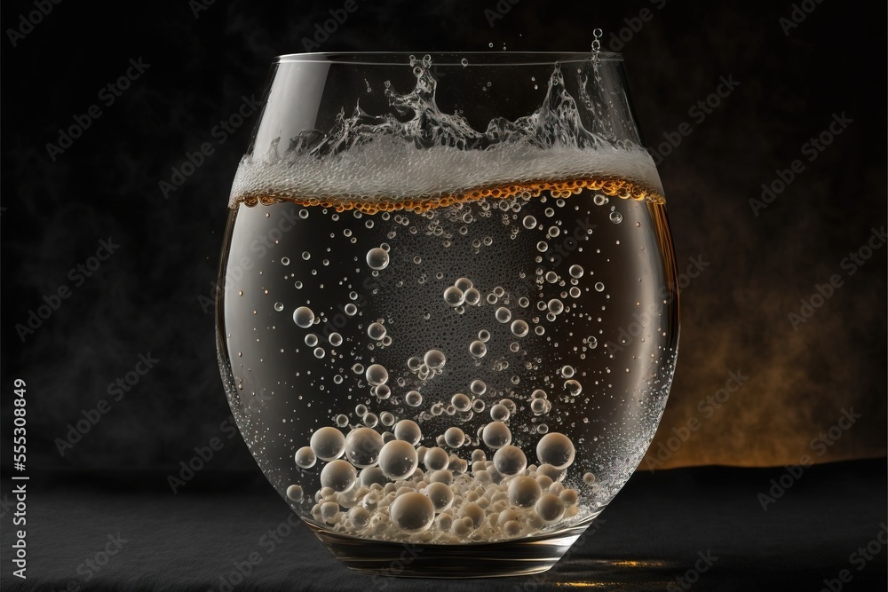 Aufkleber  a glass of beer with bubbles and bubbles in it on a table top with a black background and a black background. Generative AI