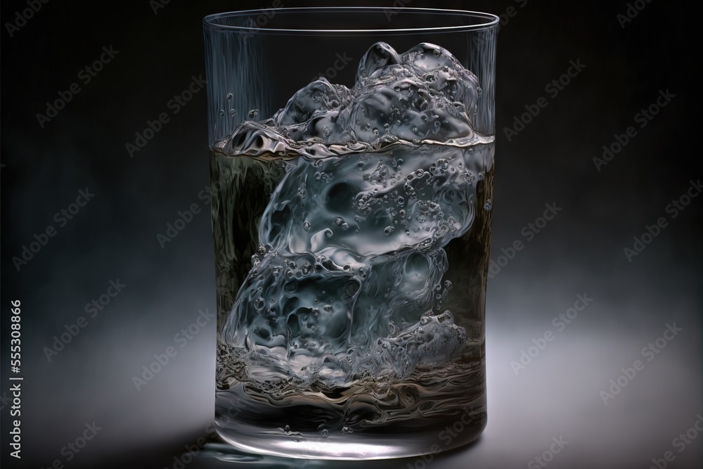 Poster a glass of water with ice and water droplets in it on a dark background with a black background and 