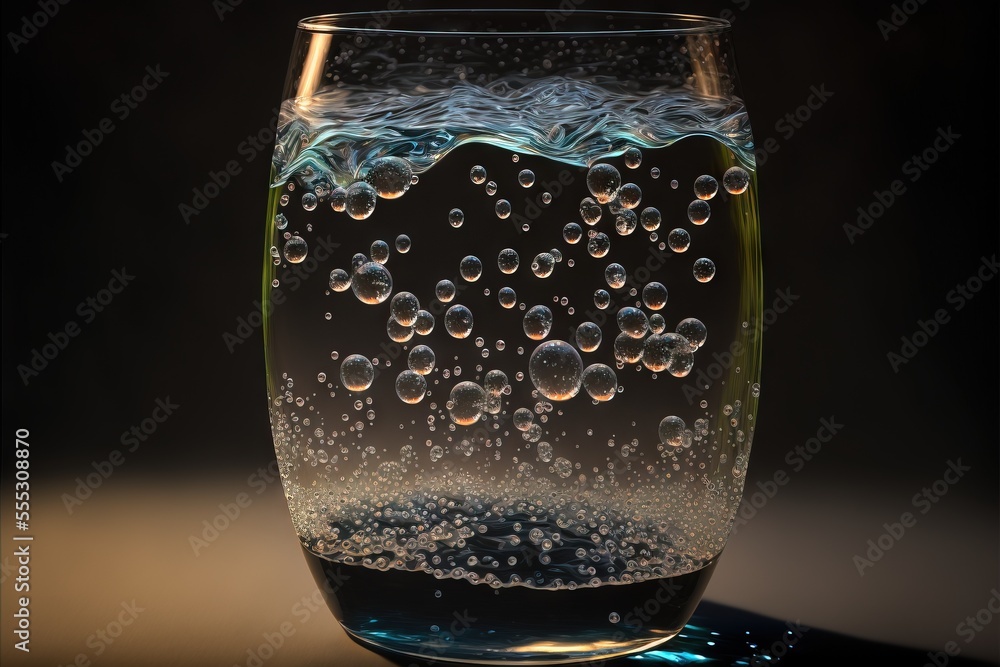 Poster a glass filled with water and bubbles on a table top with a black background and a black background 