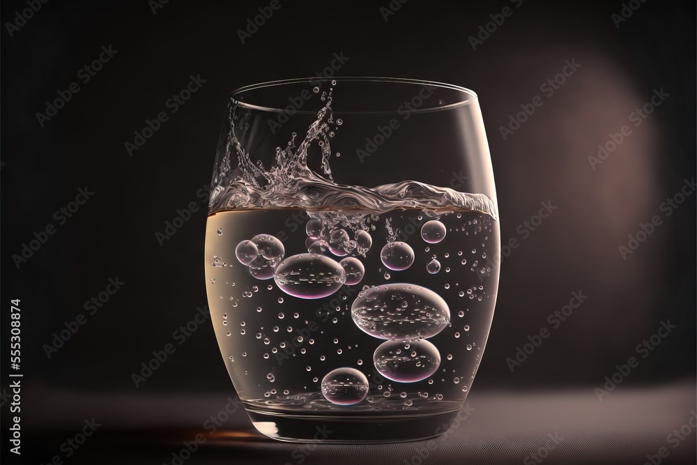 Poster a glass of water with bubbles in it on a table top with a dark background and a black background. ge